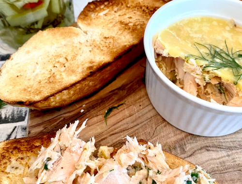 Photograph of Potted Salmon with Horseradish and Pickled Cucumbers