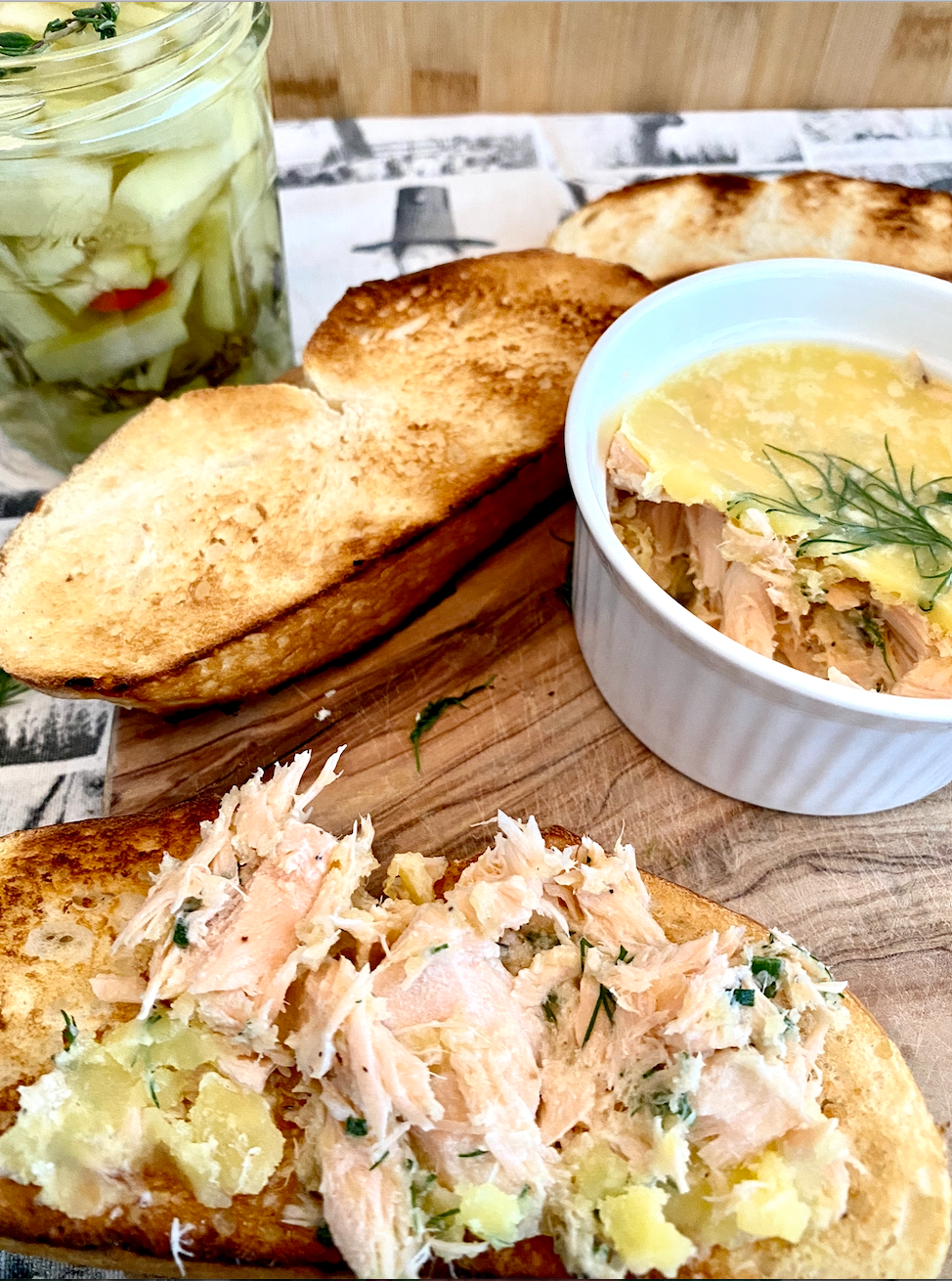 Photograph of Potted Salmon with Horseradish and Pickled Cucumbers