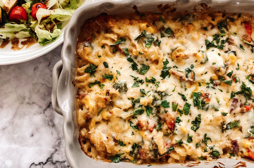 Photograph of Tuna Pasta Bake with Roast Red Peppers, Sweetcorn and Spinach