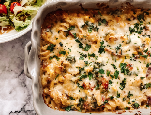 Photograph of Tuna Pasta Bake with Roast Red Peppers, Sweetcorn and Spinach