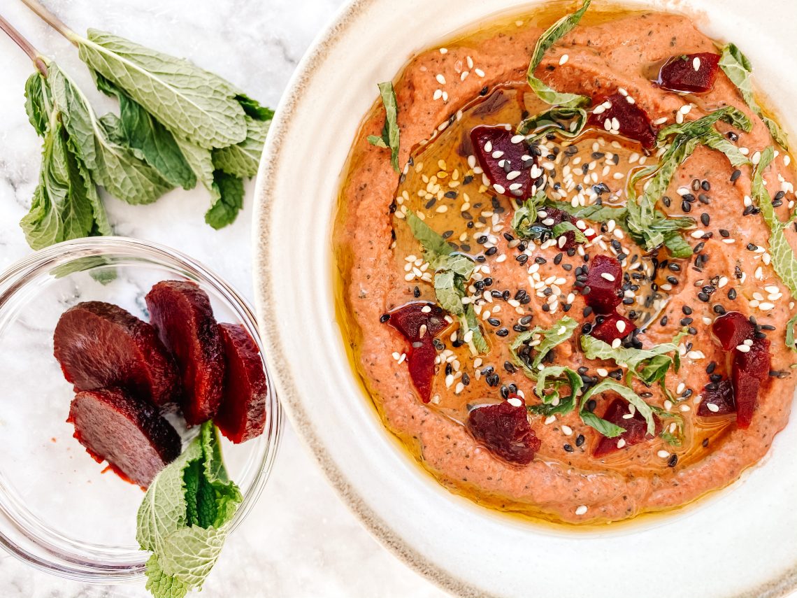 Photograph of Beetroot and Mint Hummus with Sesame Seeds