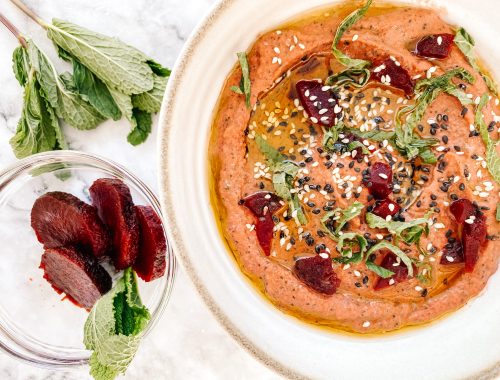 Photograph of Beetroot and Mint Hummus with Sesame Seeds