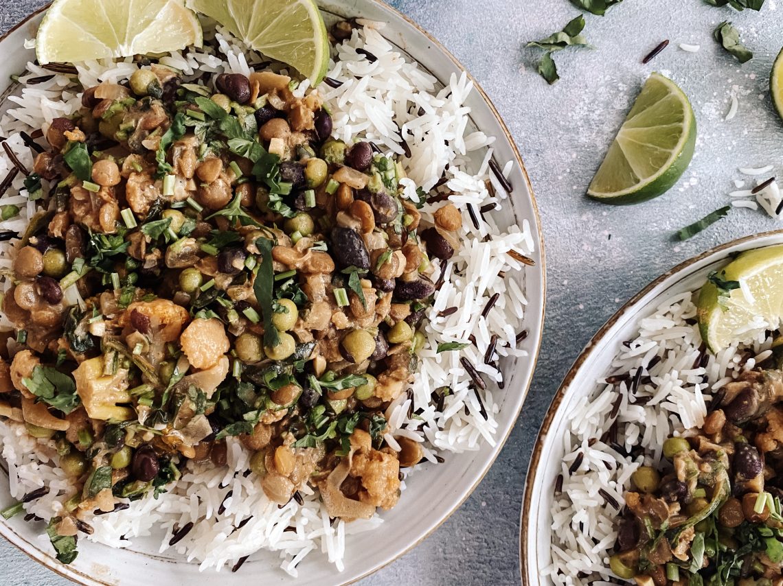 Photograph of Spicy Cauliflower, Broccoli and Green Pea Stew with Spinach, Ginger, Black Beans and Coconut