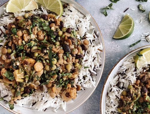 Photograph of Spicy Cauliflower, Broccoli and Green Pea Stew with Spinach, Ginger, Black Beans and Coconut