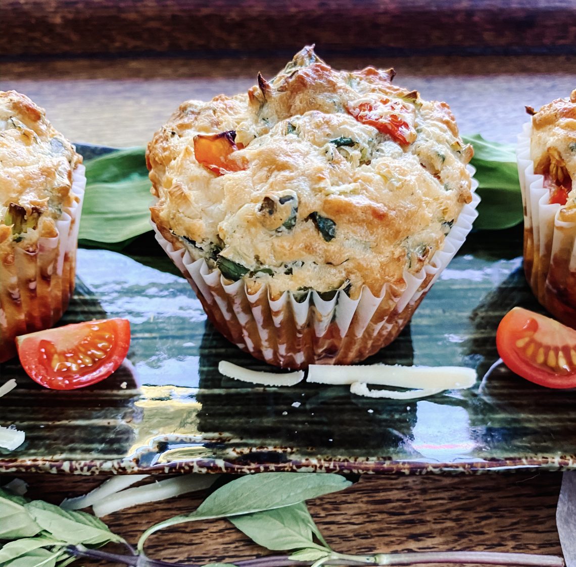 Photograph of Wild Garlic, Tomato and Cheddar Muffins