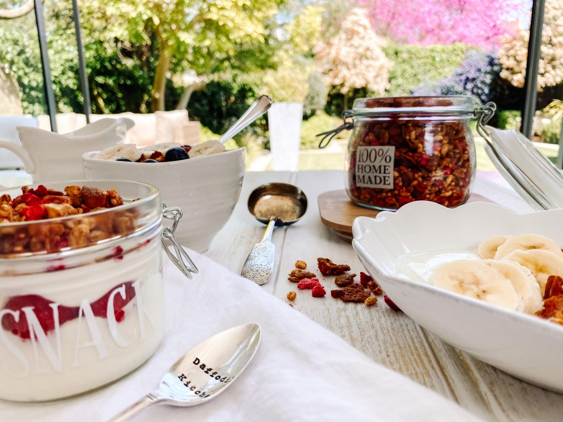 Photograph of Oat, Brown Rice and Spelt Flake Granola with Coconut and Raspberries – a Lighter Summer Granola