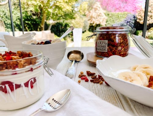 Photograph of Oat, Brown Rice and Spelt Flake Granola with Coconut and Raspberries – a Lighter Summer Granola