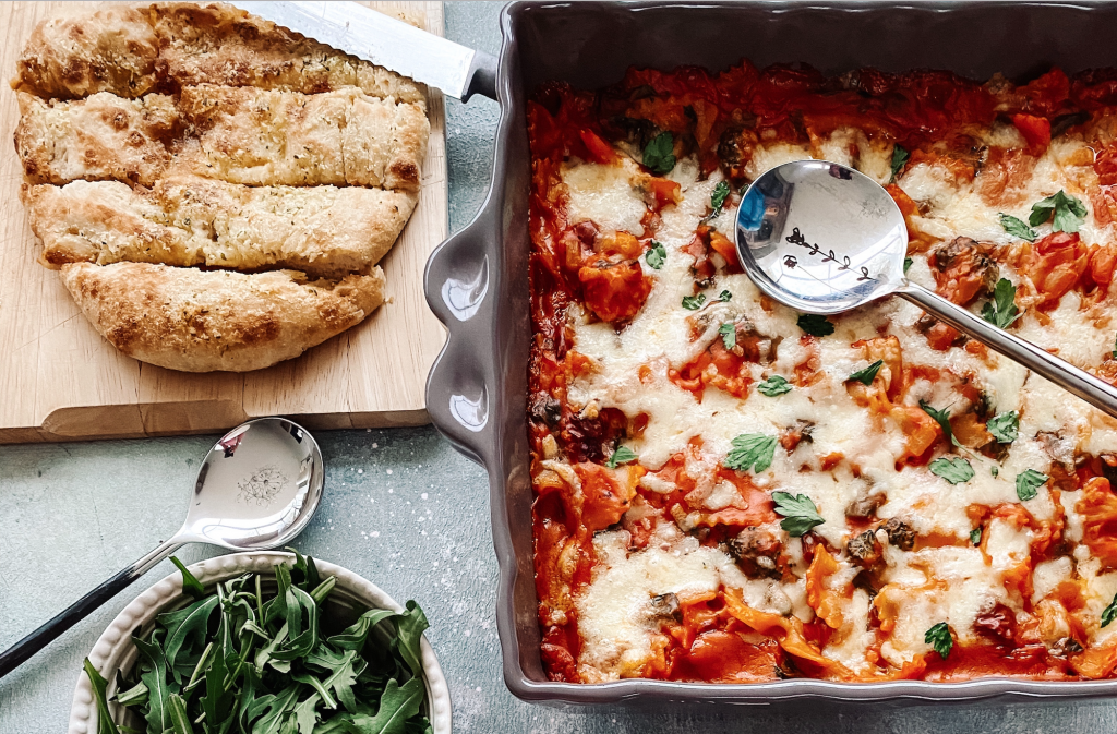 Photograph of Creamy Tomato Pasta Bake with Broccoli, Cauliflower, Spinach and Sun-dried Tomatoes