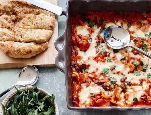 Photograph of Creamy Tomato Pasta Bake with Broccoli, Cauliflower, Spinach and Sun-dried Tomatoes