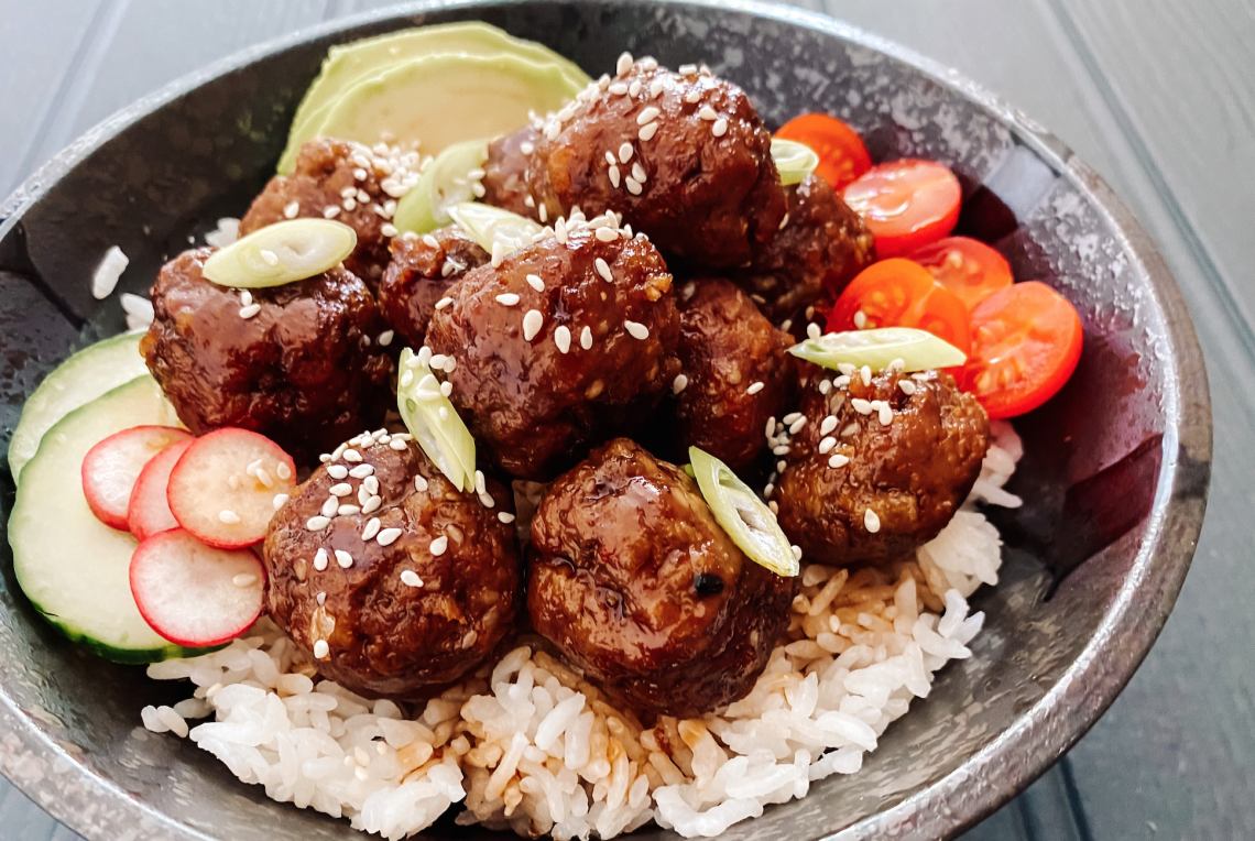 Photograph of Teriyaki Beef Meatballs Donburi with Avocado, Tomatoes and Radish