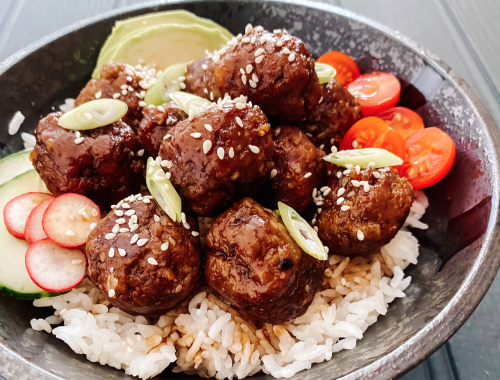 Photograph of Teriyaki Beef Meatballs Donburi with Avocado, Tomatoes and Radish