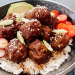 Photograph of Teriyaki Beef Meatballs Donburi with Avocado, Tomatoes and Radish