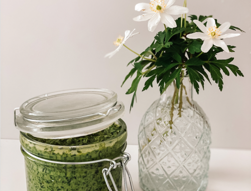 Photograph of Wild Garlic and Basil Pesto with Mature Cheddar and Gruyere