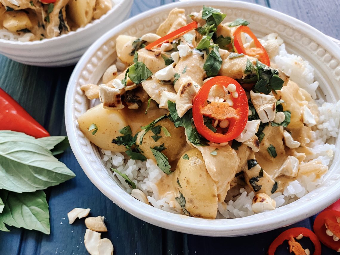 Photograph of Thai Red Chicken Curry with New Potatoes and Roast Cashew Nuts