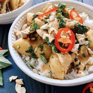 Photograph of Thai Red Chicken Curry with New Potatoes and Roast Cashew Nuts