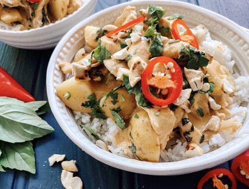 Photograph of Thai Red Chicken Curry with New Potatoes and Roast Cashew Nuts