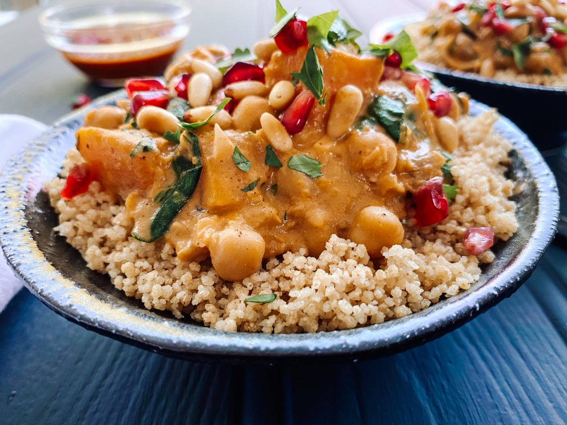 Photograph of Middle Eastern Sweet Potato and Butternut Squash Stew with Red Lentils, Spinach, Coconut and Mint