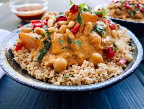 Photograph of Middle Eastern Sweet Potato and Butternut Squash Stew with Red Lentils, Spinach, Coconut and Mint