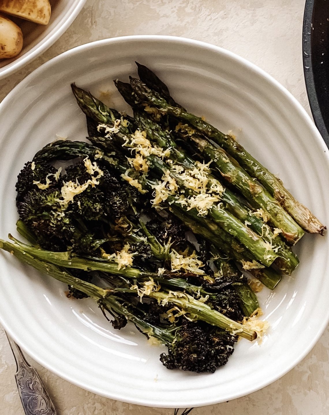 Photograph of Asparagus and Tender Stemmed Broccoli Roasted with Lemon Rind