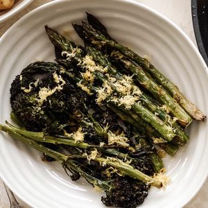 Photograph of Asparagus and Tender Stemmed Broccoli Roasted with Lemon Rind