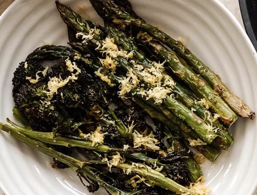 Photograph of Asparagus and Tender Stemmed Broccoli Roasted with Lemon Rind