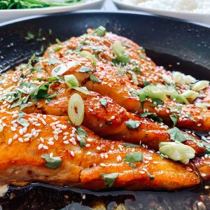 Photograph of Honey Garlic Salmon Fillets with Soy, Chilli and Lime