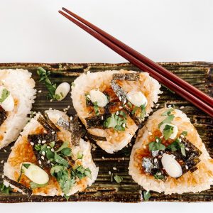 Photograph of Onigiri with Honey Garlic Salmon and Toasted Seaweed