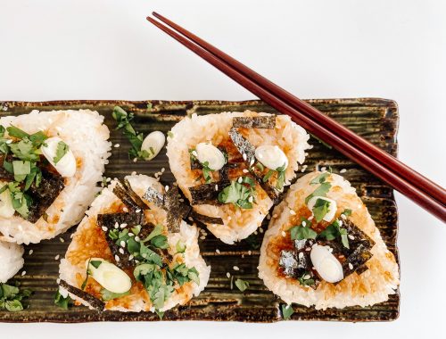 Photograph of Onigiri with Honey Garlic Salmon and Toasted Seaweed