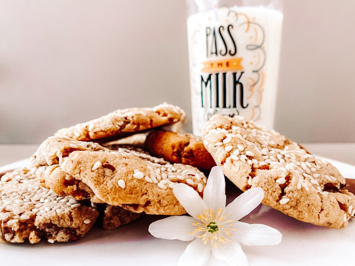 Photograph of Tahini and Pecan Cookies with Chocolate, Miso, and Sesame Seeds