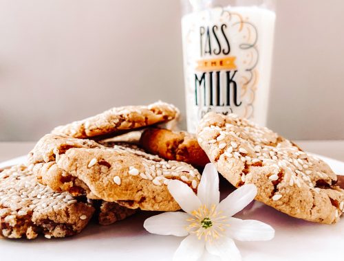 Photograph of Tahini and Pecan Cookies with Chocolate, Miso, and Sesame Seeds