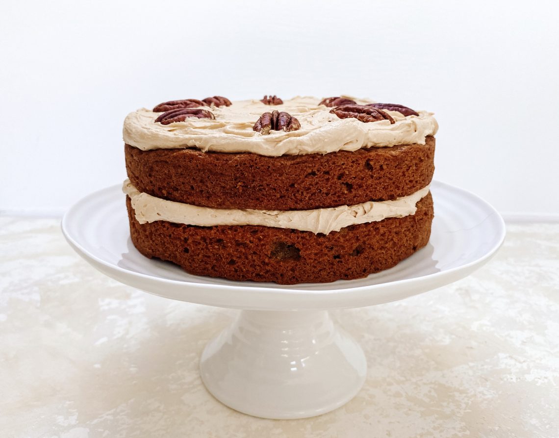 Photograph of Coffee and Roast Pecan Cake with Coffee Buttercream Icing