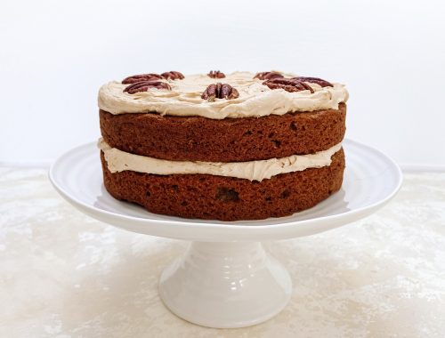 Photograph of Coffee and Roast Pecan Cake with Coffee Buttercream Icing