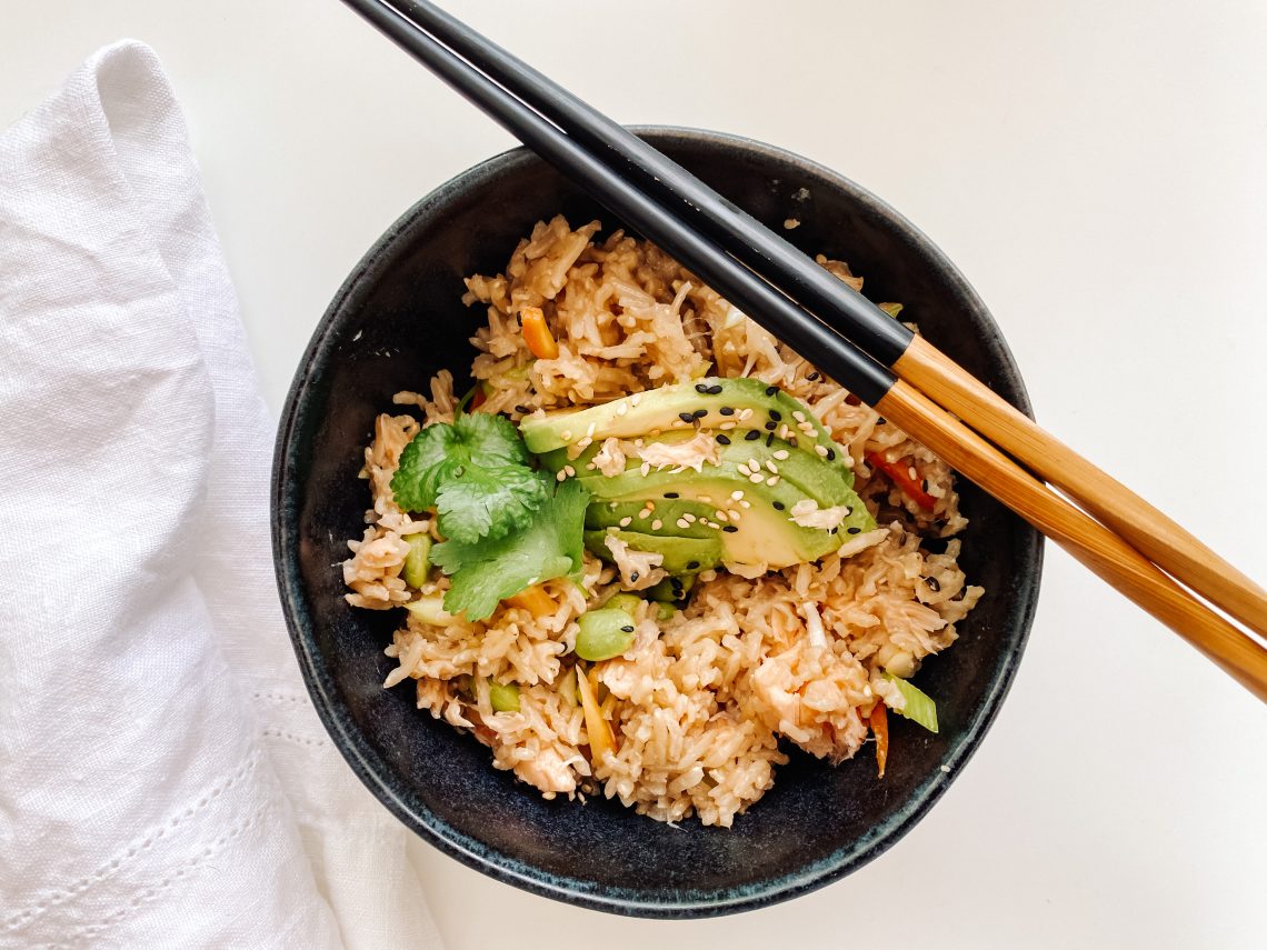 Photograph of Hot Smoked Salmon and Brown Rice Japanese Salad with Edamame Beans and Sesame