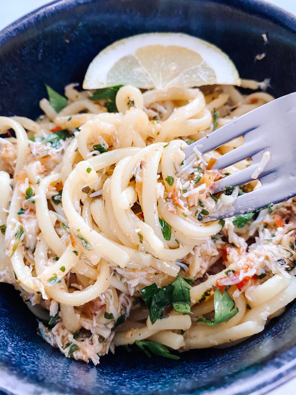 Photograph of Crab Pasta with Tomatoes, Garlic, Chilli and Lemon