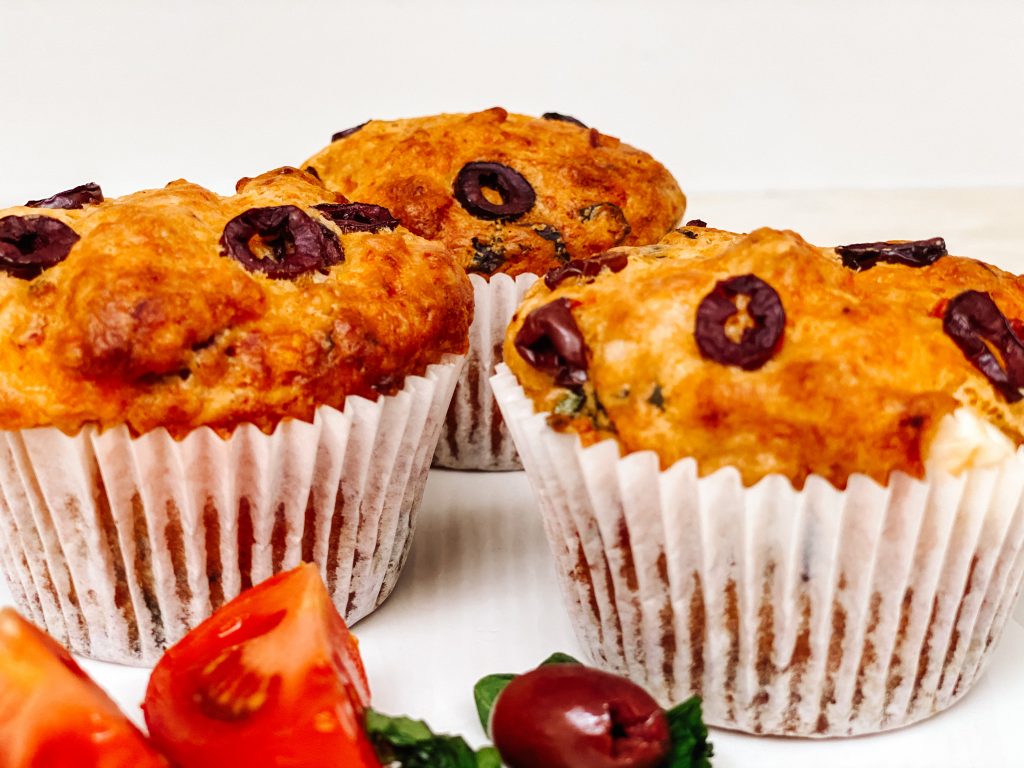 Photograph of Red Leicester and Feta Cheese Muffins with Semi-dried Tomatoes and Olives