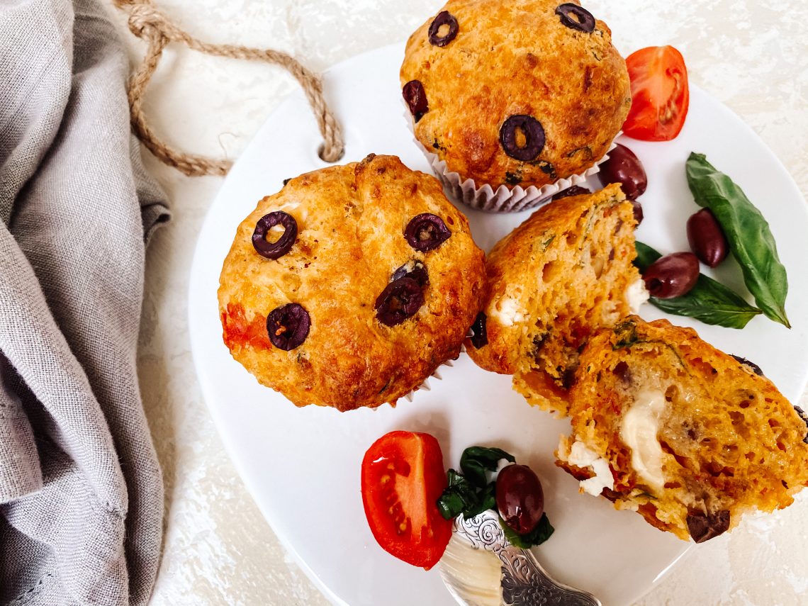 Photograph of Red Leicester and Feta Cheese Muffins with Semi-dried Tomatoes and Olives