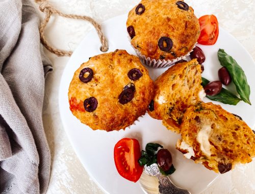 Photograph of Red Leicester and Feta Cheese Muffins with Semi-dried Tomatoes and Olives