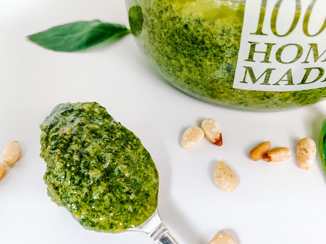 Photograph of Basil and Pine Nut Pesto with Roasted Garlic Confit
