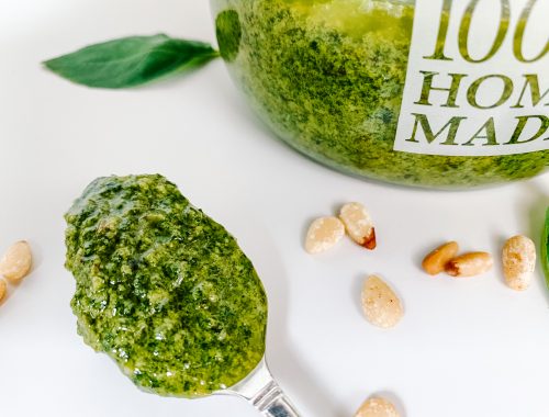Photograph of Basil and Pine Nut Pesto with Roasted Garlic Confit