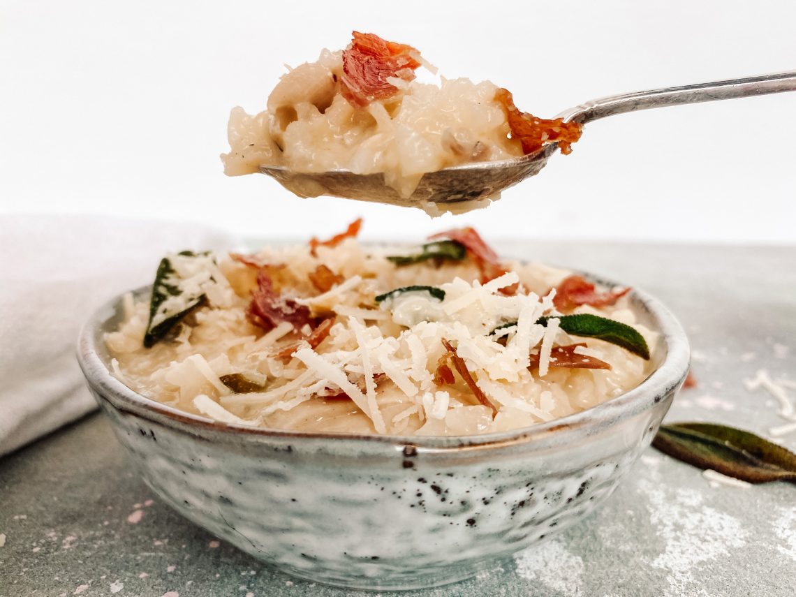 Photograph of Chicken Risotto with Crispy Sage and Prosciutto