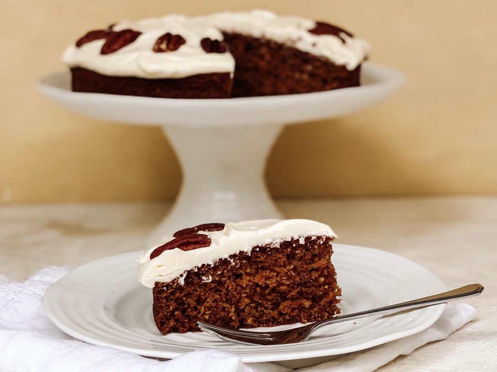 Photograph of Carrot Cake with Coconut and Pecans and a Vanilla Cream Cheese Frosting