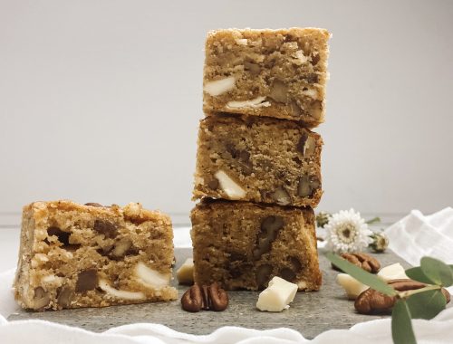 Photograph of Brown Butter and Miso Blondies with Pecan Nuts and White Chocolate