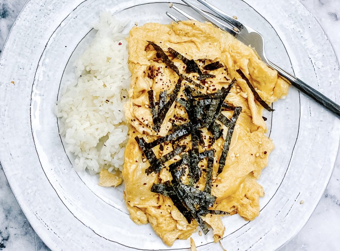 Photograph of Japanese Scrambled Eggs with Sticky Rice, Smoked Dulse and Roast Nori