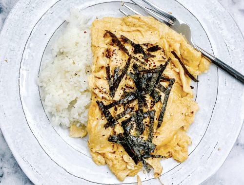 Photograph of Japanese Scrambled Eggs with Sticky Rice, Smoked Dulse and Roast Nori
