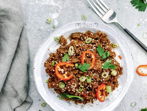 Photograph of Korean Minced Beef and Rice with Sesame, Chilli and Ginger