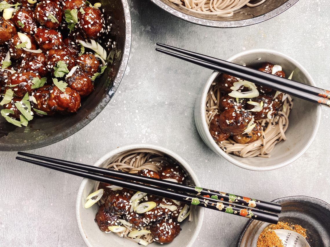 Photograph of Japanese Pork, Sesame and Ginger Meatballs with Soba Noodles