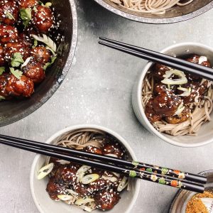Photograph of Japanese Pork, Sesame and Ginger Meatballs with Soba Noodles