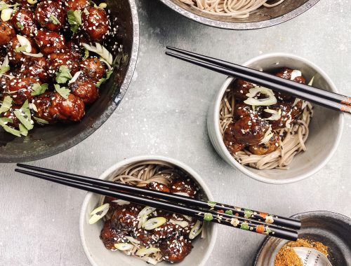 Photograph of Japanese Pork, Sesame and Ginger Meatballs with Soba Noodles