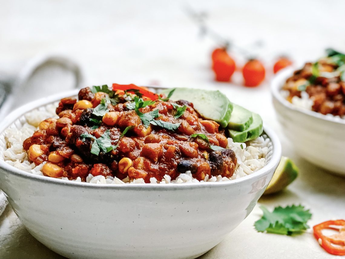 Photograph of Vegetarian Lentil Chilli with Black Beans, Sweetcorn and Chickpeas