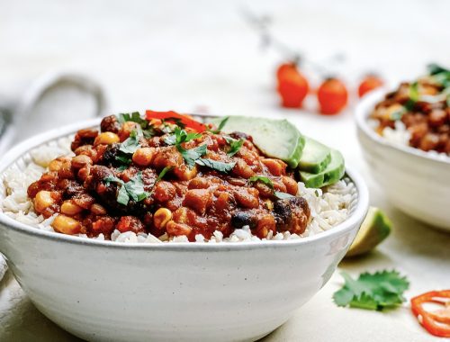 Photograph of Vegetarian Lentil Chilli with Black Beans, Sweetcorn and Chickpeas